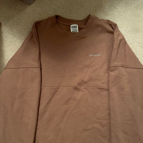 NWT! Victoria's Secret PINK 'Varsity Crew Stucco Beige Shine Sweatshirt' - Picture 4 of 5